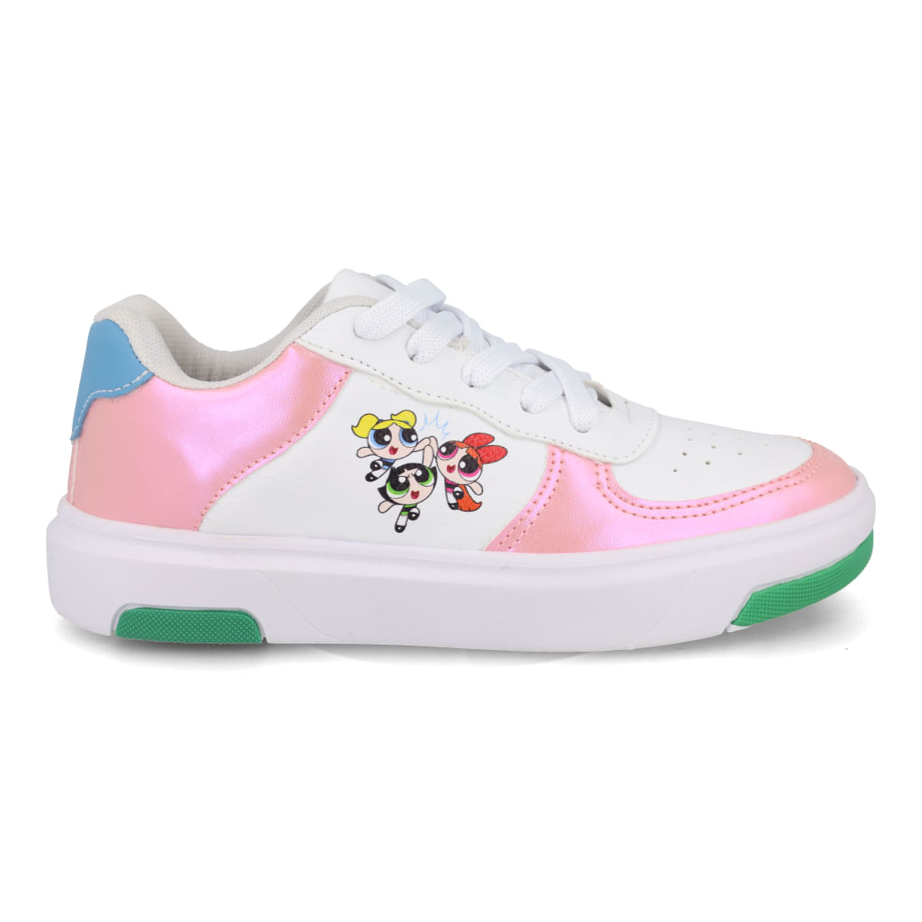 Tênis infantil Warner branco com detalhes em rosa e azul visto de lado, mostrando o fechamento por cadarço